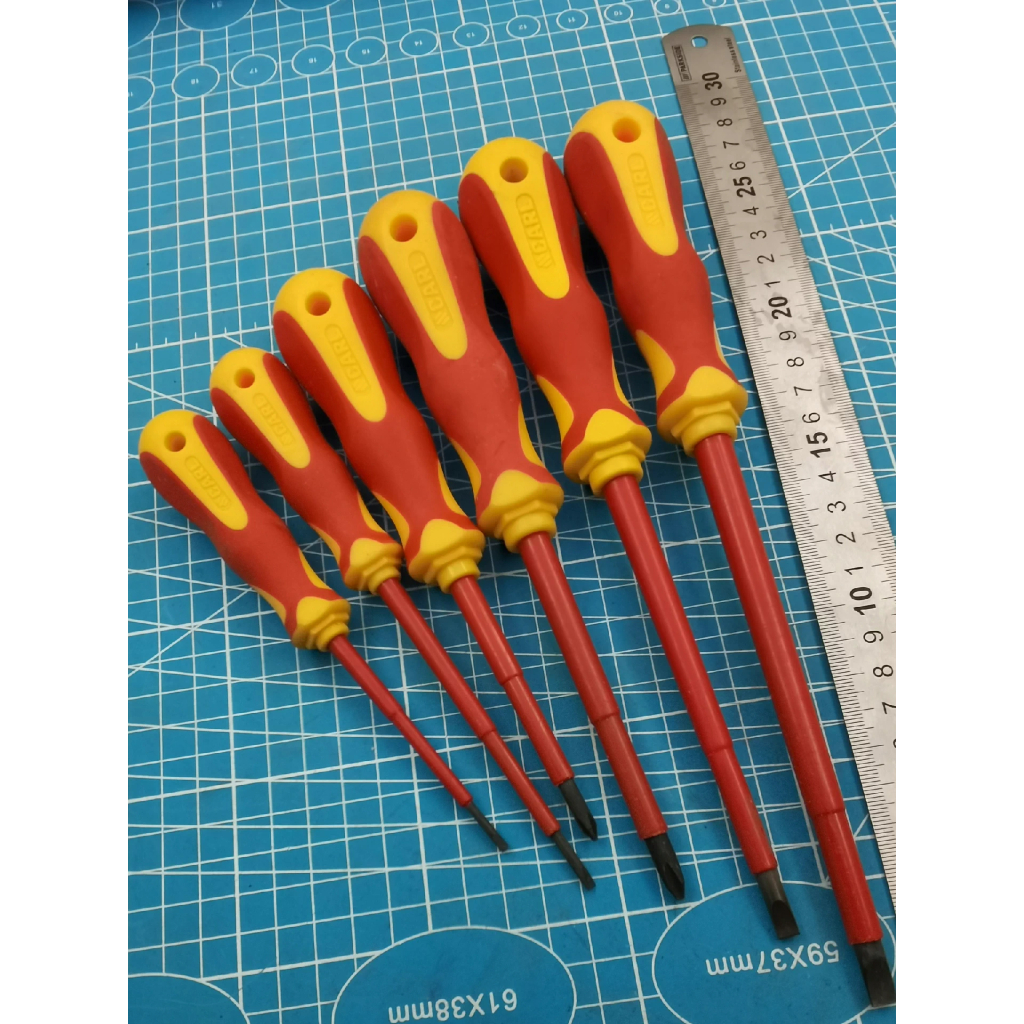 ชุดไขควงหุ้มฉนวน CARL (คาร์ล) ไต้หวัน 6 ชิ้น มีตำหนิ: มีรอยเปื้อน รอยขีดข่วนเล็กน้อย และตัวอักษรบางส่วนมีปัญหา