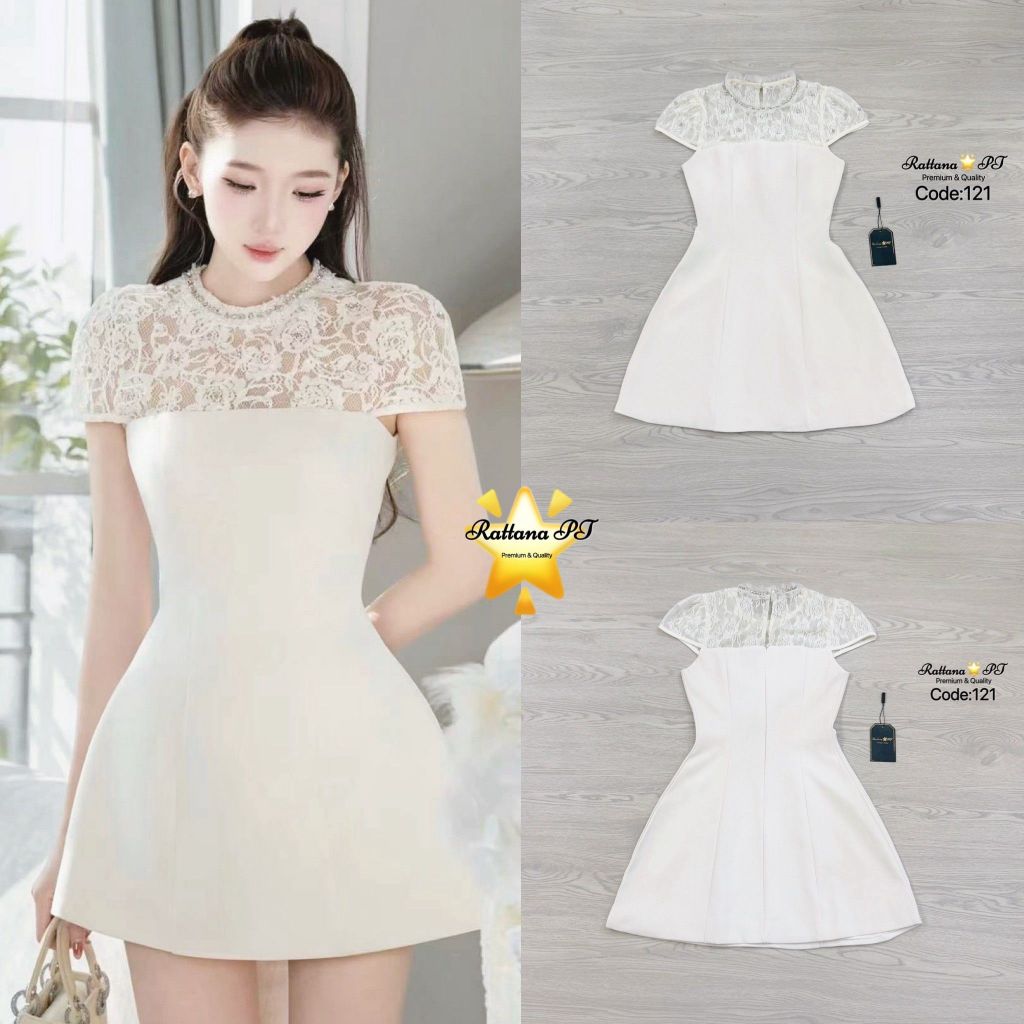 Rattana  Dressขาวอ๊อฟไวท์แต่งลูกไม้