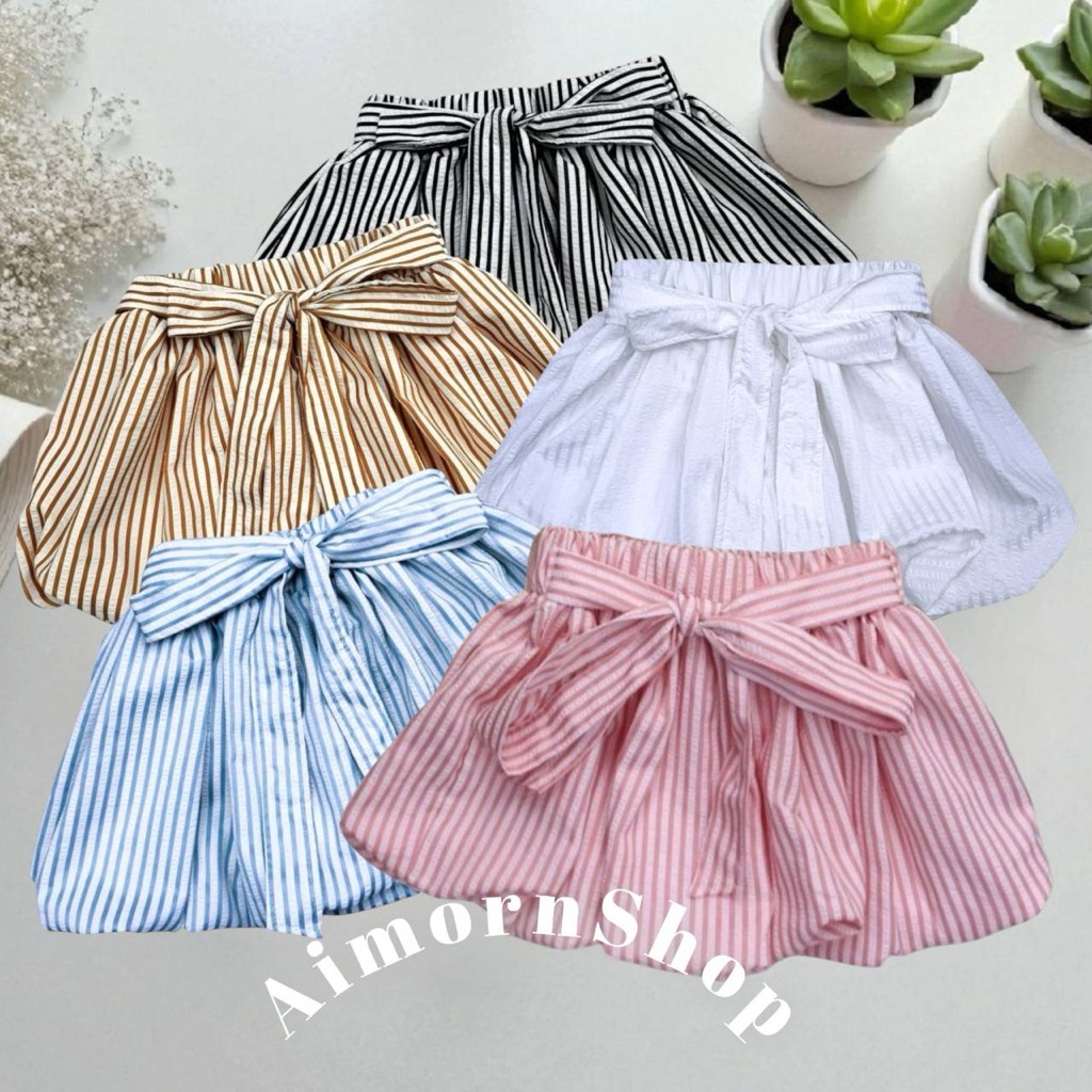 🔥aimorn_shop🔥กางเกงบอลลูน ลายริ้ว ผูกโบว์ด้านหน้าน่ารักมากๆ เอวสม็อคยางยืด ผ้าใส่สบายสุดๆ
