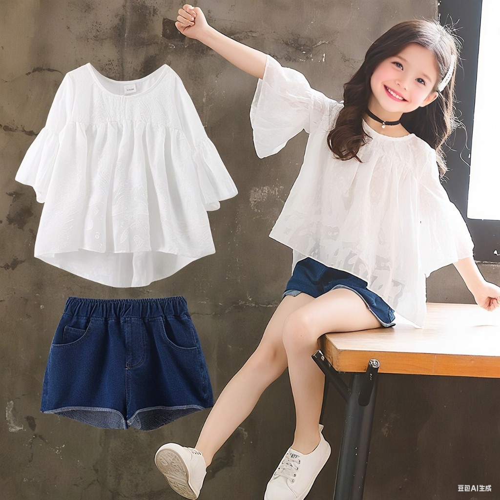Hania Kids พร้อมส่ง (ขายแยกชิ้น) ชุดเด็กผู้หญิง เสื้อลายถัก กางเกงยีนส์ขาสั้น  K4124927 K4124928