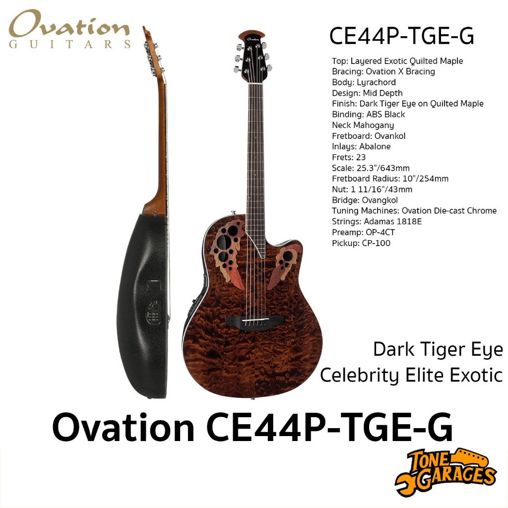 Ovation Guitar Celebrity Elite Exotic CE44P-TGE-G Dark Tiger Eye กีต้าร์โปร่งไฟฟ้า หลังเต่า