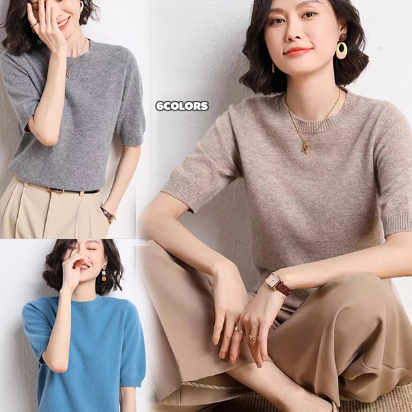 mimi&didi#เสื้อยืดไหมพรมแขนสั้นผ้าถักบาง ฤดูใบไม้ร่วงปี คอกลม มีลักษณะและอเนกประสงค์สำหรับผู้หญิง #88027