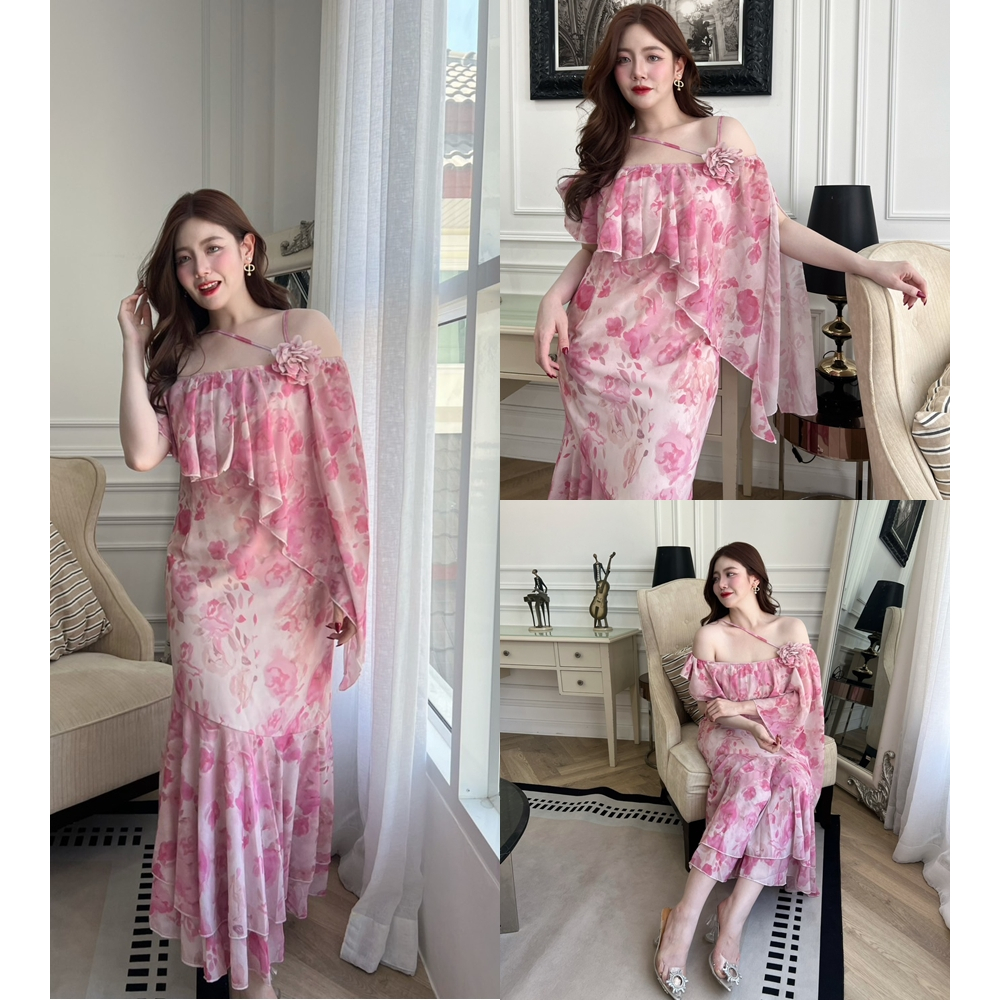 เดรสยาวเปิดไหล่ หน้าอกติดประดับด้วยเข็มกลัดดอกไม้ สดใสหวานเว่อร์ พลัสไซส์ เสื้อผ้าสาวอวบ ไซส์ใหญ่