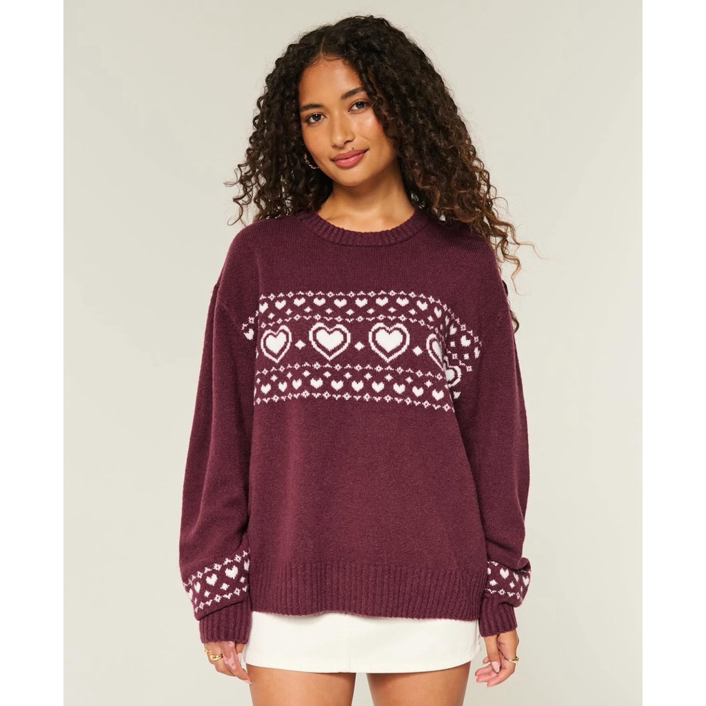 Hollister : Oversized Heart Pattern Crew Sweater แท้