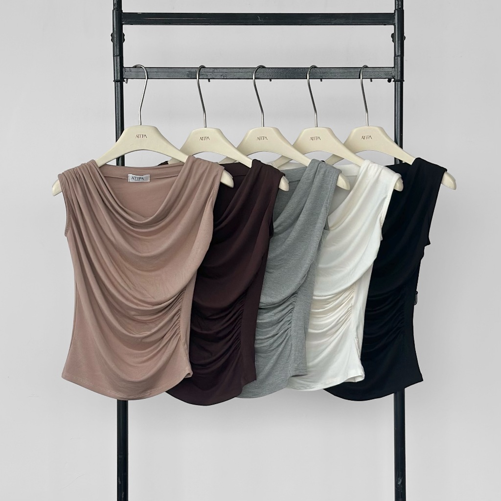 Atipashop - ELEGANCE RUCHED TOP เสื้อปาดไหล่ จับจีบเอว ทรงสวย สีพื้น มีหลายสี