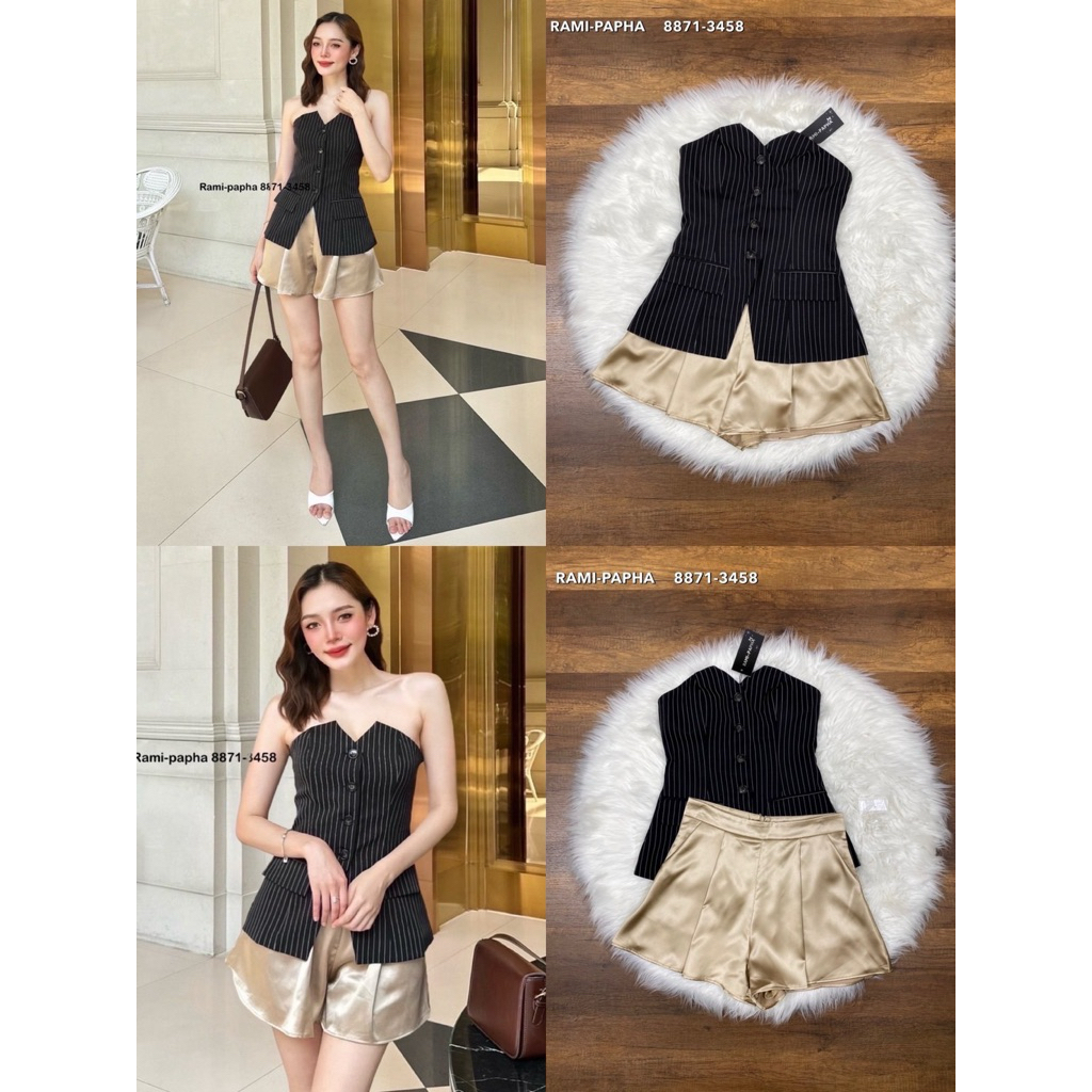 พร้อมส่ง XS-XL⚡️RM 8871 เสื้อเกาะอกลายริ้ว+ขาสั้นสีทอง
