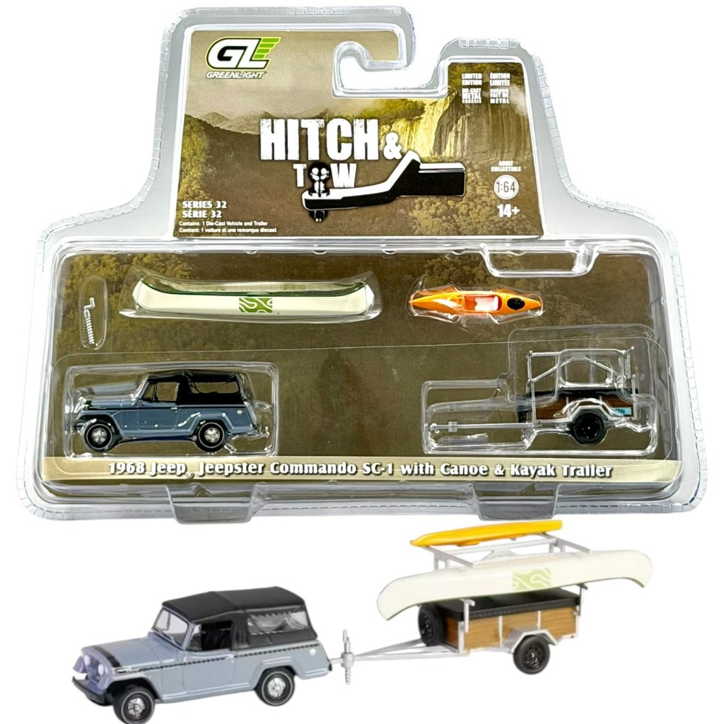 Greenlight Hitch & Tow | 1968 Jeep Jeepster Commando SC-1 - Gray with Canoe Trailer, Canoe and Kayak สเกล 1/64 32320