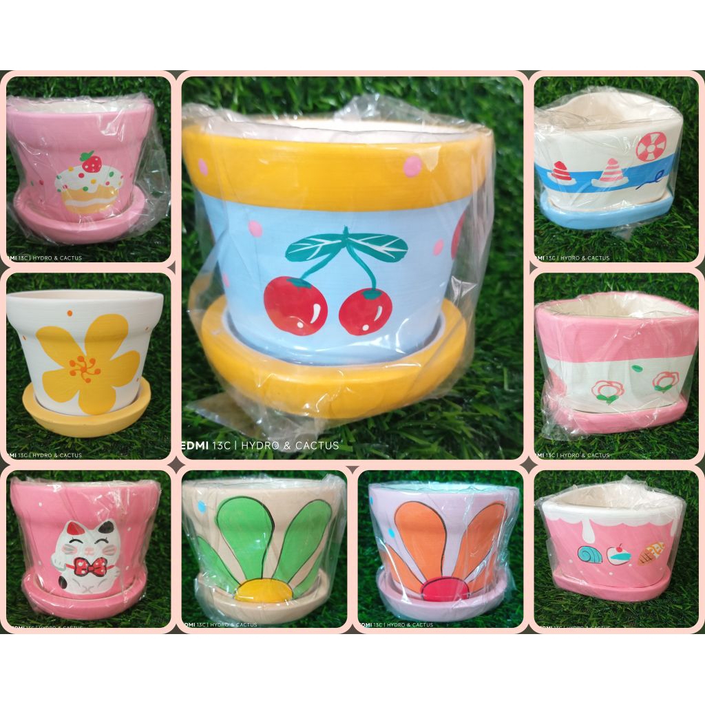 กระถางปลูก เซรามิกดินเผา 3.5 นิ้ว แบบกลม แบบหัวใจ แบบดาวพร้อมจานรอง  (สินค้าพร้อมส่งผลิตในไทย)