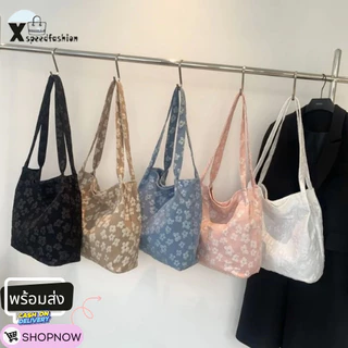 (ส่งด่วน)xspeedfashion(X2391) กระเป๋าผ้าสะพายไหล่ ผ้าแคนวาสลายดอกไม้-ใบใหญ่
