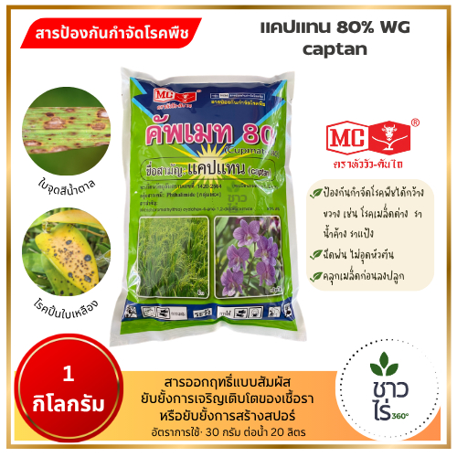 คัพเมท80 1 กิโลกรัม ตราหัววัวคันไถ captan แคปแทน โรคใบจุดสีน้ำตาลในข้าว โรคจากเชื้อรา ใบปี้นเหลืองกล้วยไม้ ยับยั้งสปอร์