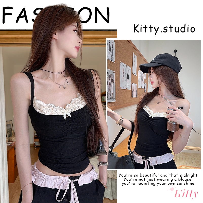 Kitty พร้อมส่ง🌸เสื้อยืดเสื้อปาดไหล่สวยๆผู้หญิง สไตล์เกาหลี แต่งลูกไม้ เสื้อยืดโชว์ไหล่ มีเชือกผูกได้ จับแมทซ์ได้ง่าย