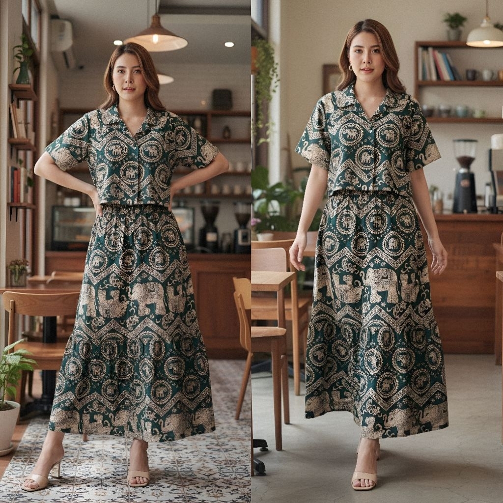 ใหม่. 2 Set ชุดเซ็ทกระโปรงลายช้างสาวอวบ( อก 36 - 44 นิ้ว) ใส่สวย - รูปที่ 2