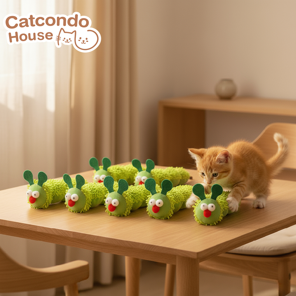 Cathouse ตุ๊กตาหนอนเขียว ของเล่นแมวตุ๊กตาหนอนขนฟู เสียงกรอบแกรบ พร้อมแคทนิป ขนาด 23 ซม.