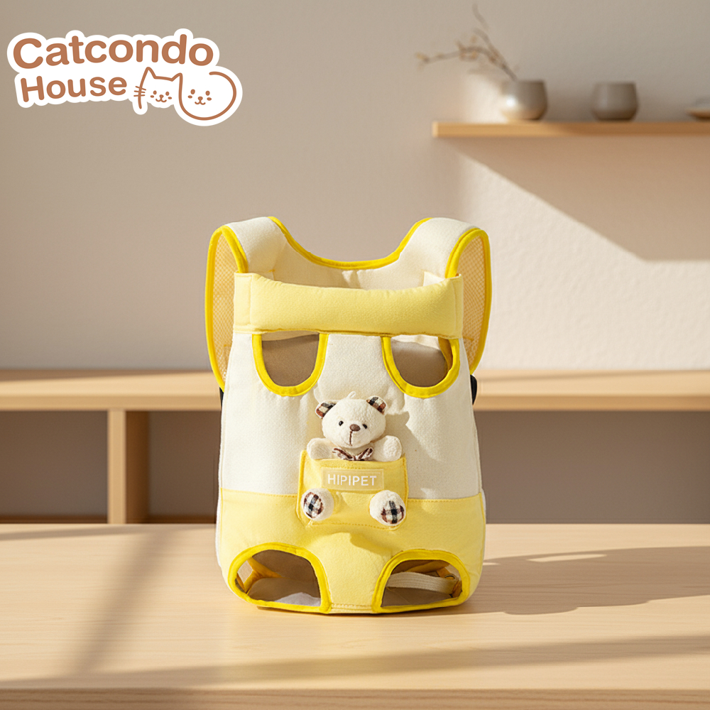 Cathouse กระเป๋าคาดอก(หมีเหลือง) เป้อุ้มสัตว์เลี้ยง สไตล์เป้สะพายหน้า ดีไซน์น่ารัก พร้อมตุ๊กตาหมีน้อย