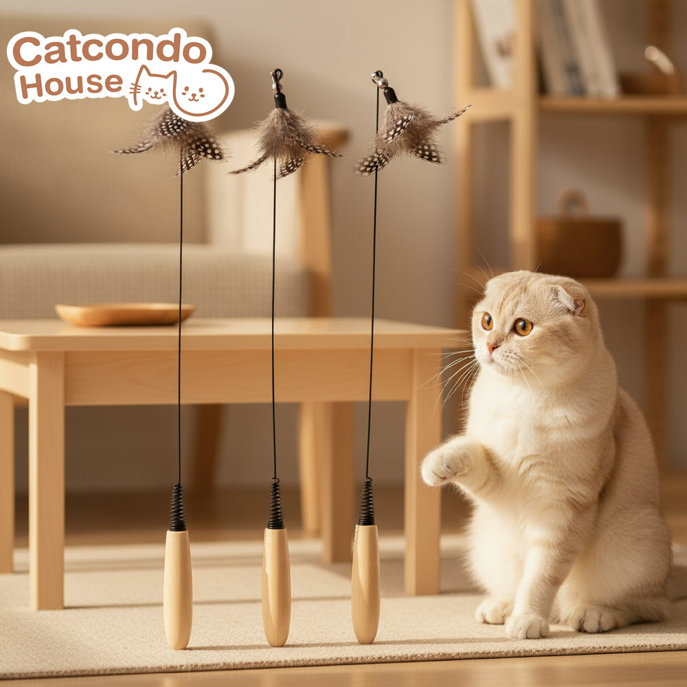 Cathouse ไม้ตกแมวขนนกสีดำด้ามจับไม้ ด้ามไม้ ไม้ล่อแมว ขนนก ของเล่นแมว ออกกำลังกาย
