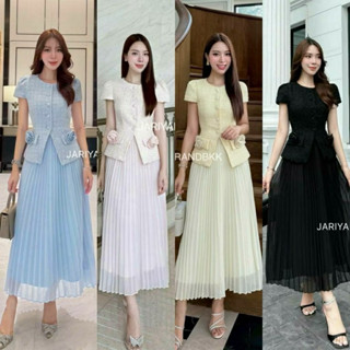 ชุดset 3ชิ้น เสื้อทวิสแขนสั้นมาพร้อมกระโปรงพรีสยาวเอวสูง มีเ…
