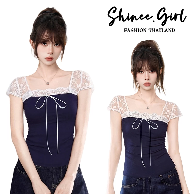 SHG พร้อมส่ง🌹เสื้อเซ็กซี่ผู้หญิง เสื้อครอปแต่งลูกไม้ ดีไซน์โบว์เก๋ๆ เสื้อยืดแขนสั้น ทรงสวย สไตล์ฝรั่งเศส ไปคาเฟ่