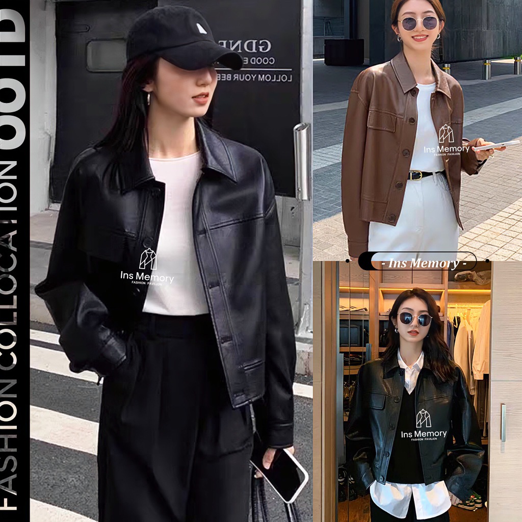 พร้อมส่ง แจ็คเกตหนัง เสื้อแขนยาว แฟชั่นสไตล์วินเทจ สีคลุมโทน Clothing ผู้หญิง