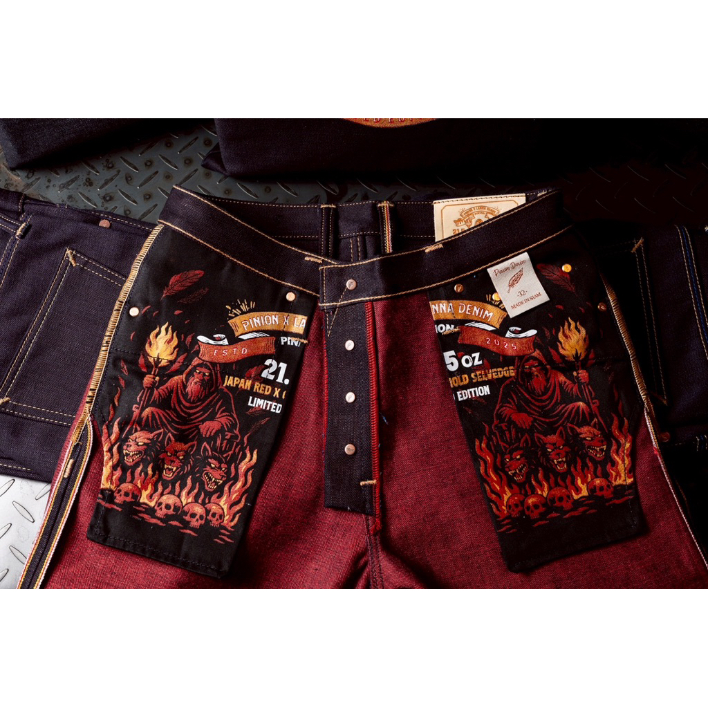 Pinion x Lanna Denim 21.5 oz รุ่น hades (เฮดีส) lndigo X Red ( JAPAN SILVER X GOLD X RED SELVEDGE )