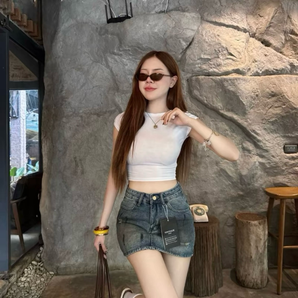 ป้าย vintage กระโปรงเอวสูงมีซับใน ผ้ายีนส์ไม่ยืด (S-XL)ทรงสวย (1349)