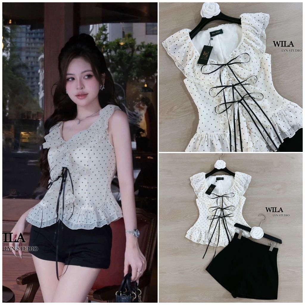 WILA  SETเสื้อ+กางเกงงานเสื้อทรงคุณหนูแต่งช่วงคอและบ่าระบายๆ ยาวลงมา ด้วยผ้าชีฟอง