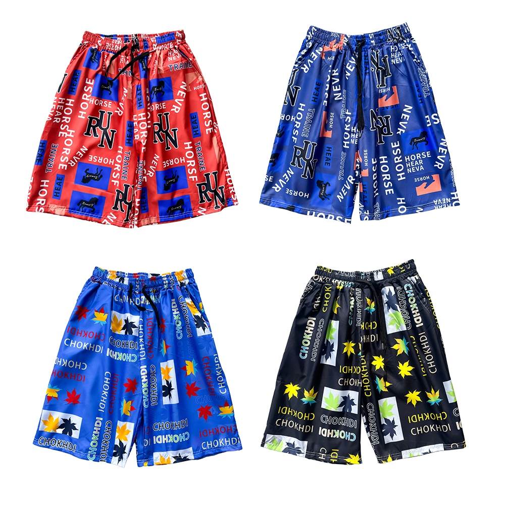 ลายใบไม้ กางเกงขาสั้นชายหาด กางเกงขาสั้น กางเกงขาสั้นสบายๆ สีดำและสีน้ำเงิน - รูปที่ 5