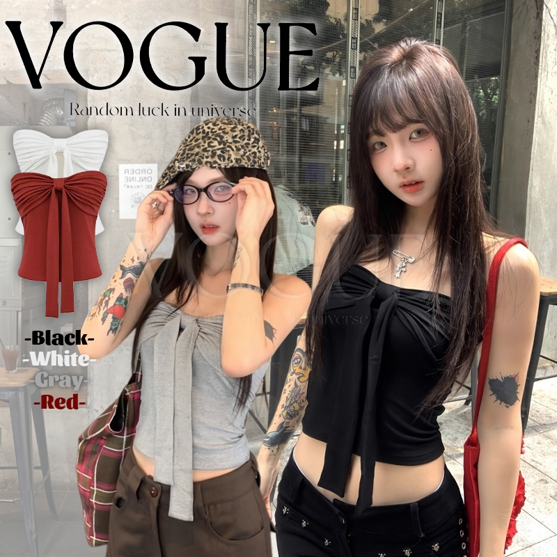 Vogue🌟พร้อมส่ง🌟 เสื้อเกาะอก เสริมฟองน้ำ สีพืื้นสไตล์มินิมอล ยืดพอดีตัว (FY10152)