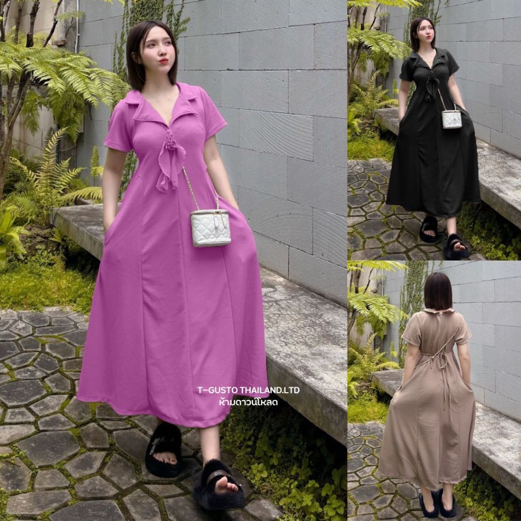 H21รุ่นใหม่!!เดรสยาวคอปกแต่งกุหลาบ-สาวมินิ ลูกคุณหนู น่ารัก