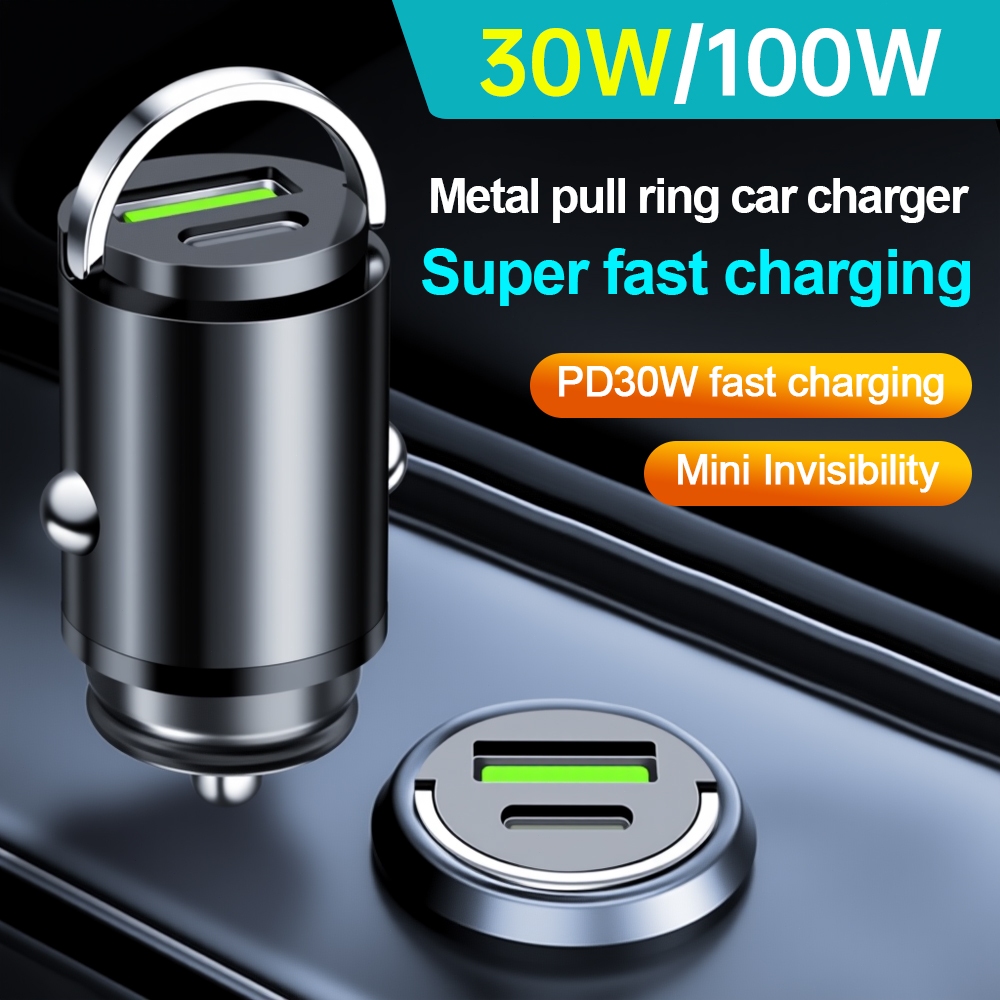 🔥ส่งจากไทย🔥ที่ชาร์จในรถยนต์แบบวงแหวนโลหะ 100W อะแดปเตอร์ชาร์จเร็ว QC3.0 Type-C 3A ดีไซน์กะทัดรัดสำหรับรถยนต์ทุกรุ่น
