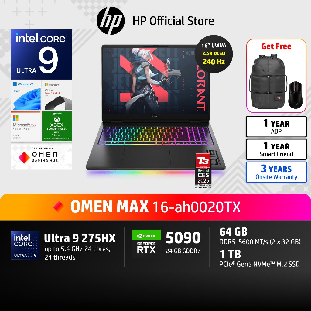 HP OMEN MAX | Inte Ultra 9-275HX | RTX5090 | 64GB/1TB | 16" 2.5K OLED 240Hz | Win11 | 3Yrs | 16-ah00