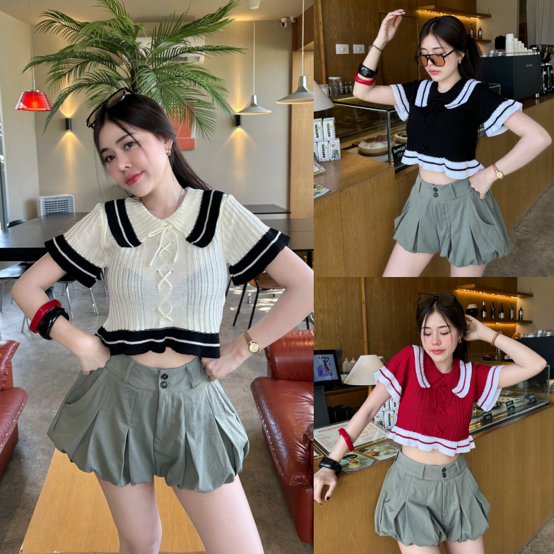 เสื้อครอป ทรงคอปกแขนสั้น ถักเชือกรูดผูกโบว์ ผ้าไหมพรมด้ายฟู พร้อมส่ง สาวอวบใส่ได้ เสื้อใส่เที่ยวทะเล รุ่น ระบบ