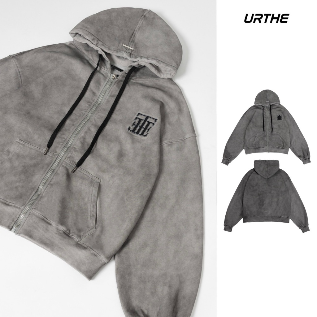 URTHE - เสื้อฮู้ด ซิปหน้า Oversize รุ่น HANDICAP LAYERED FADED ZIP-UP HOODIE
