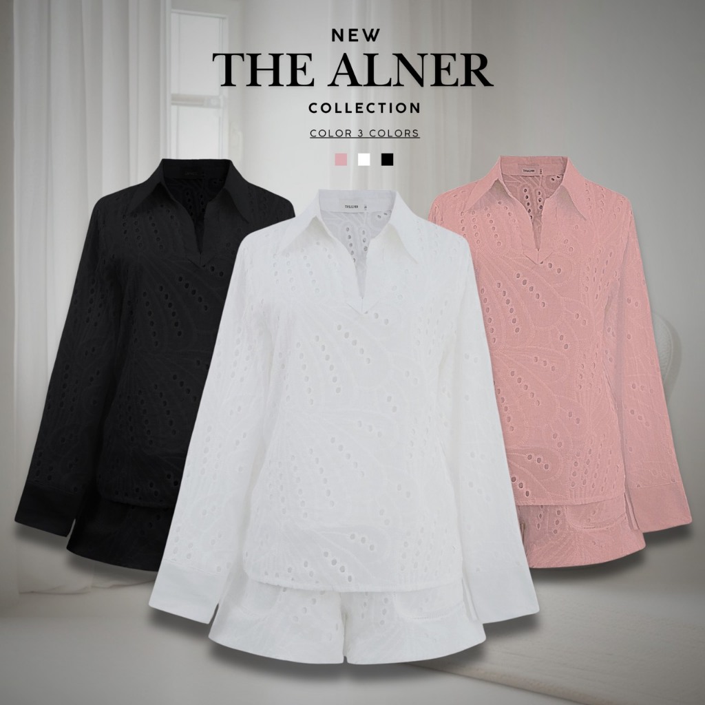 Thealner-AN408 (เซตเสื้อฉลุคอปกแขนยาวกางเกงขาสั้น)