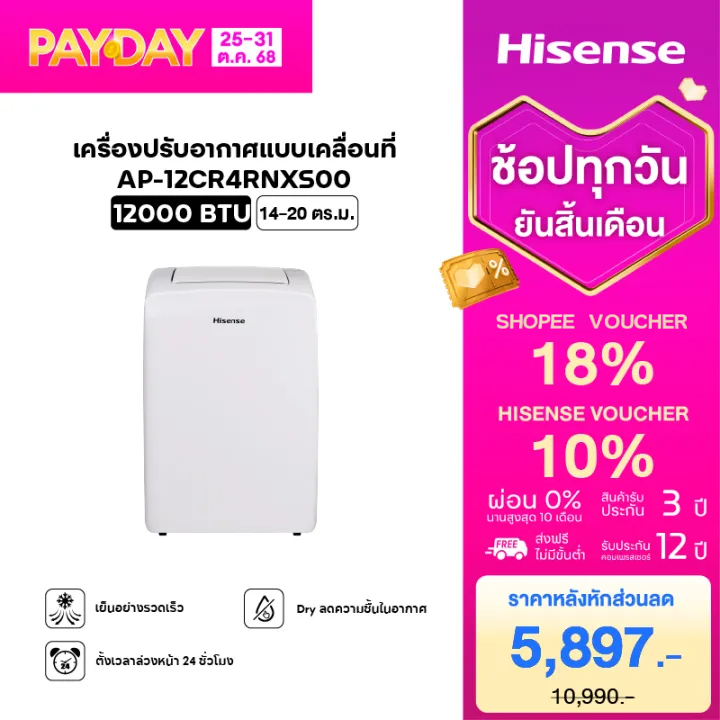 Hisense ใหม่ เครื่องปรับอากาศมือถือ 12000 BTU/8000 BTU AP-12CR4RNXS00 แบบพกพา Portable air condition