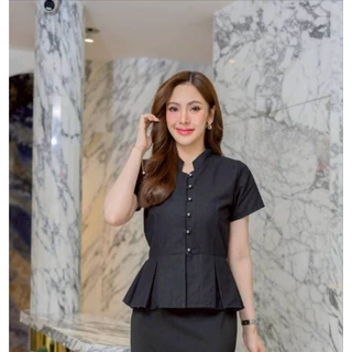 เสื้อผ้าฝ้ายคอจีนลายผ้าไทยเอวจีบ