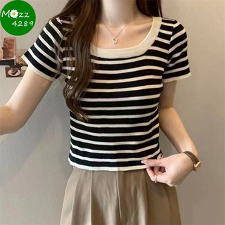 MQzz4289 *พร้อมส่ง* เสื้อไหมพรมแขนสั้น ลายทาง คอกลม ดีเทลลายทางคิ้วๆ Freesize