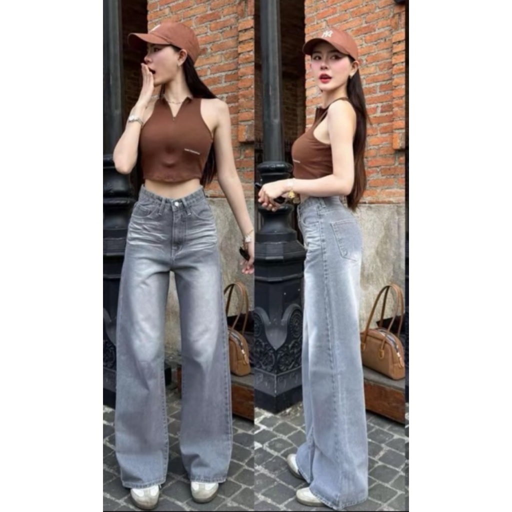 V7020 Vintage Jeans สีเทา กางเกงยีนส์ทรงกระบอกกลางเอวสูง ผ้ายีนส์ไม่ยืด