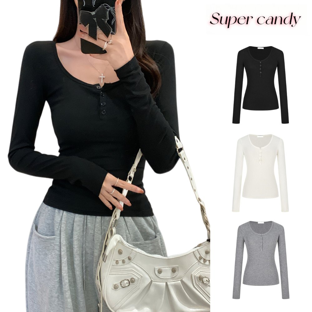 SuperCandy🌷U-neck คอกึ่งเปิดแขนยาวผู้หญิงใหม่ Niche Design Sense Casual ภายในและภายนอกสาวด้านบน
