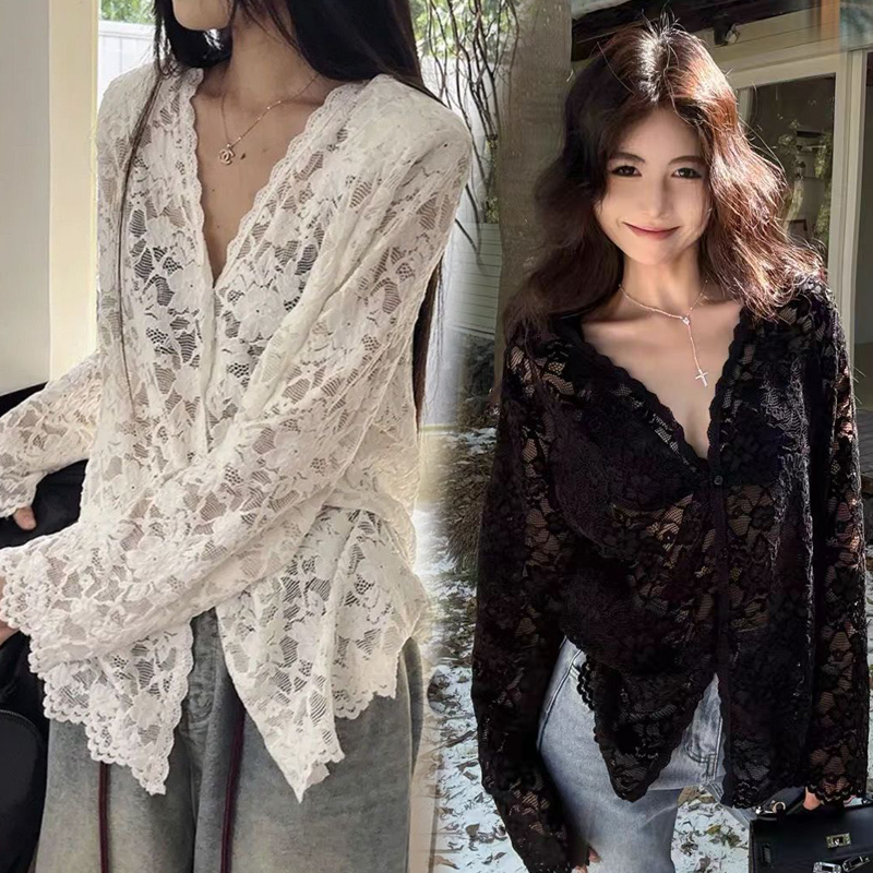 ผู้หญิงสุภาพสตรีหลวมแขนยาวเสื้อเสื้อ คอวี ด้านบนกลางความยาวลูกไม้ครีมกันแดดเสื้อ สไตล์เกาหลี W543