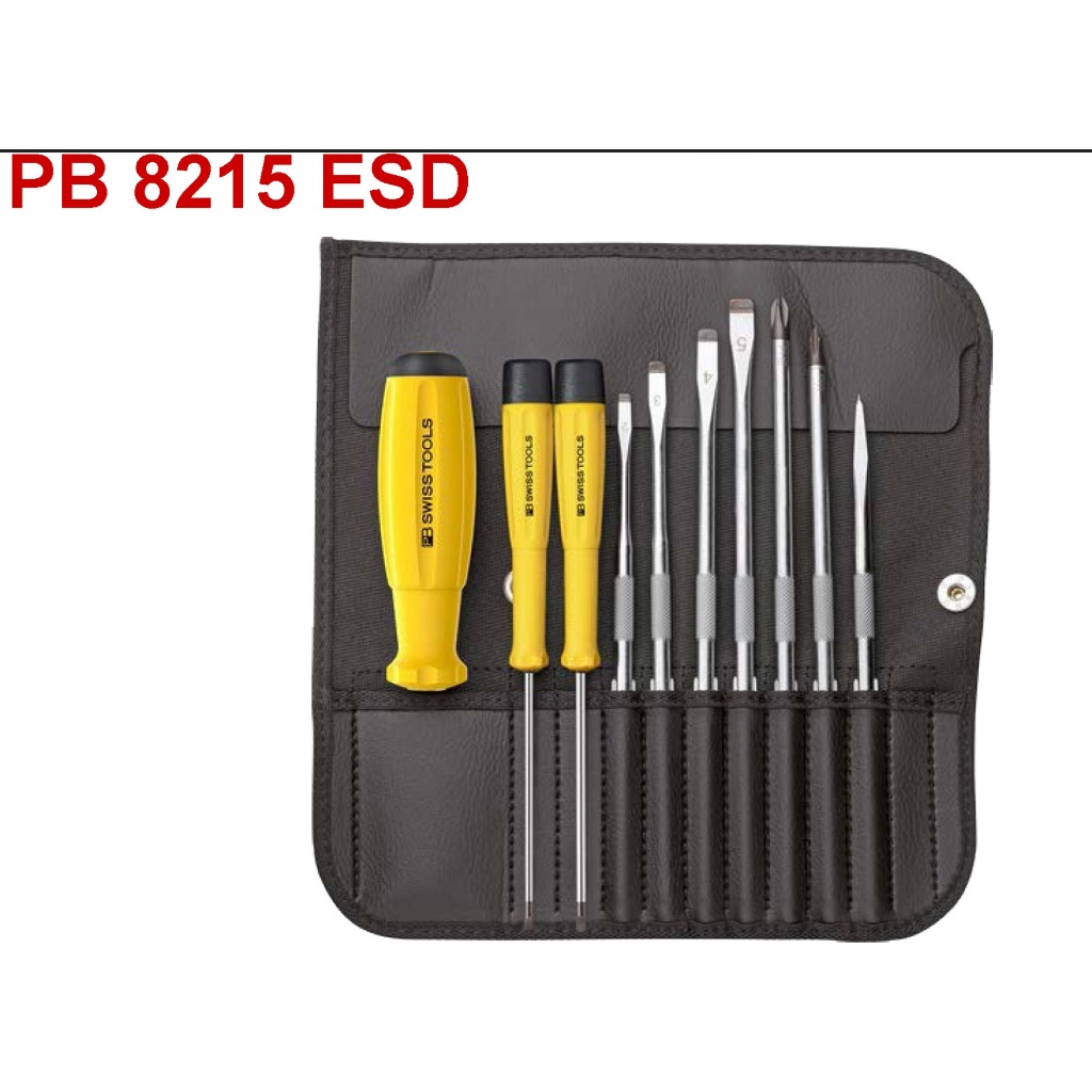 PB Swiss Tools ชุดไขควง รุ่น PB 8215ESD ด้ามยาง ด้ามกันไฟฟ้าสถิตย์ ไขควงซองหนัง 10 ตัวชุด Swiss Made