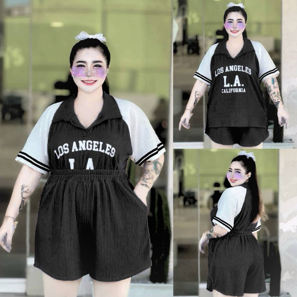 W0023 เซ็ทไหล่สโลบขาสั้น สาวอวบ-อ้วน ฟรีไซซ์