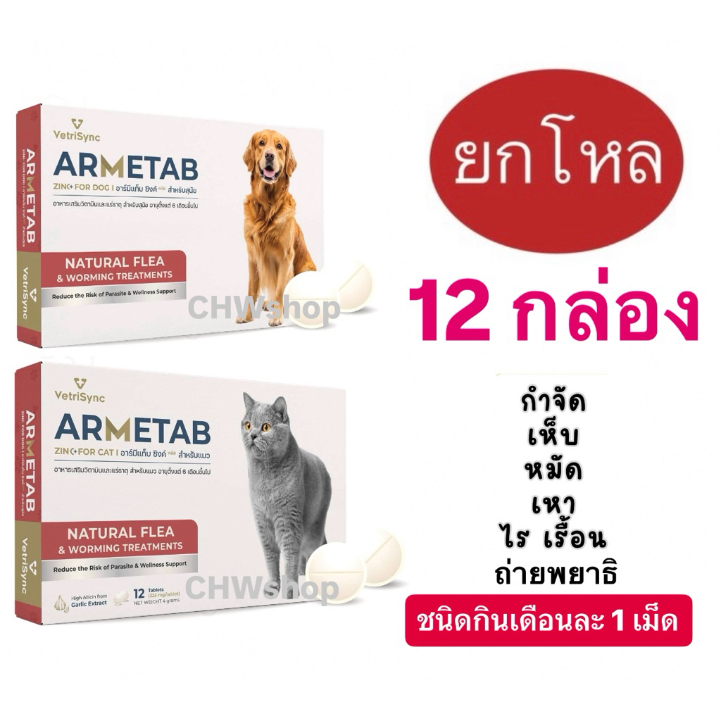 *ยกโหล ราคาส่ง* ARMETAB ZINC+ ป้องกันเห็บ-หมัด-พยาธิ-เหา-ไร-เรื้อน สุนัขและแมว รูปแบบอาหารเสริม(กล่อง12เม็ด)