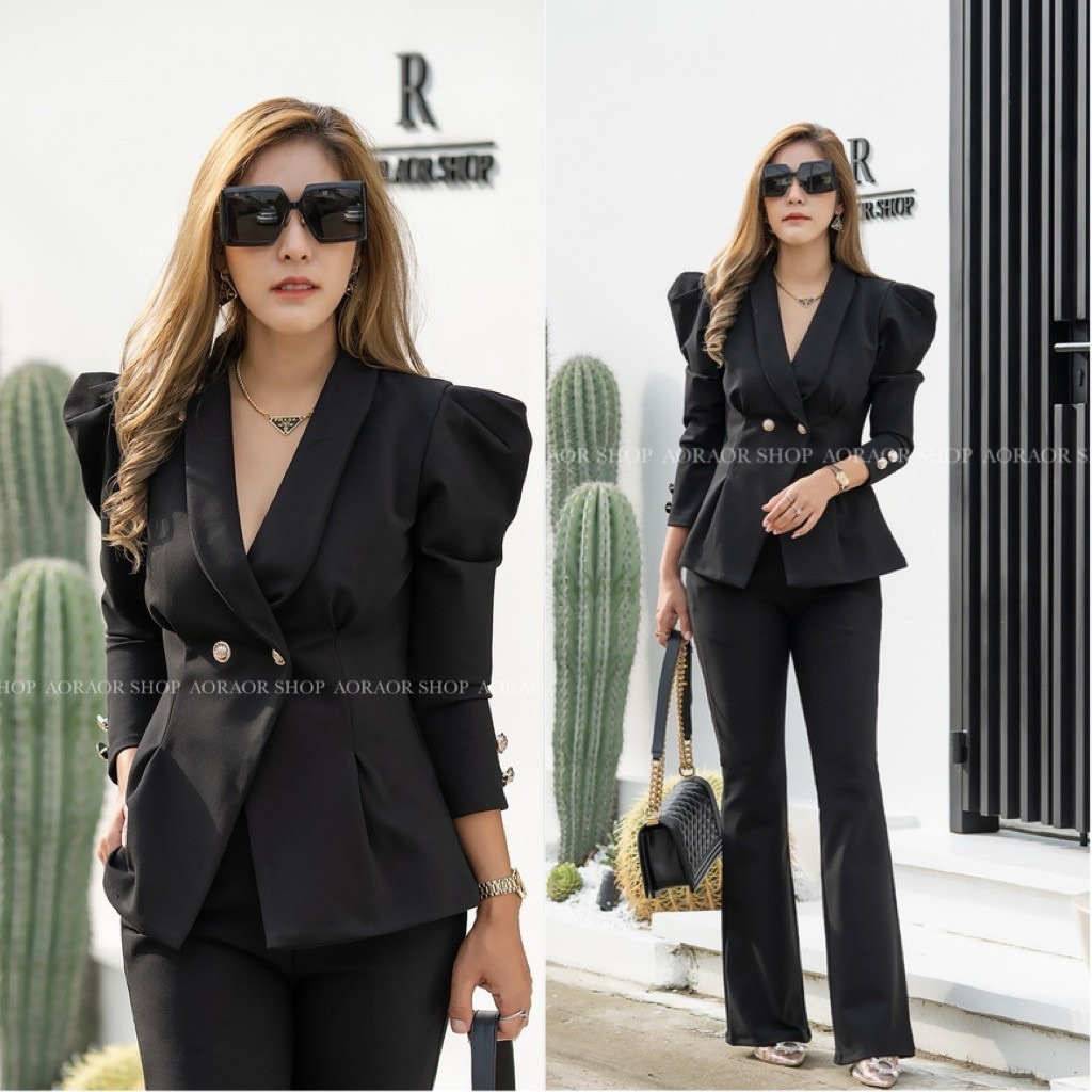 ชุดสูท : เสื้อไหล่ยก สวยหรูแต่งกระดุมทอง+ แมทช์กับกางเกงขาบาน #106 #ชุดสูทผู้หญิง