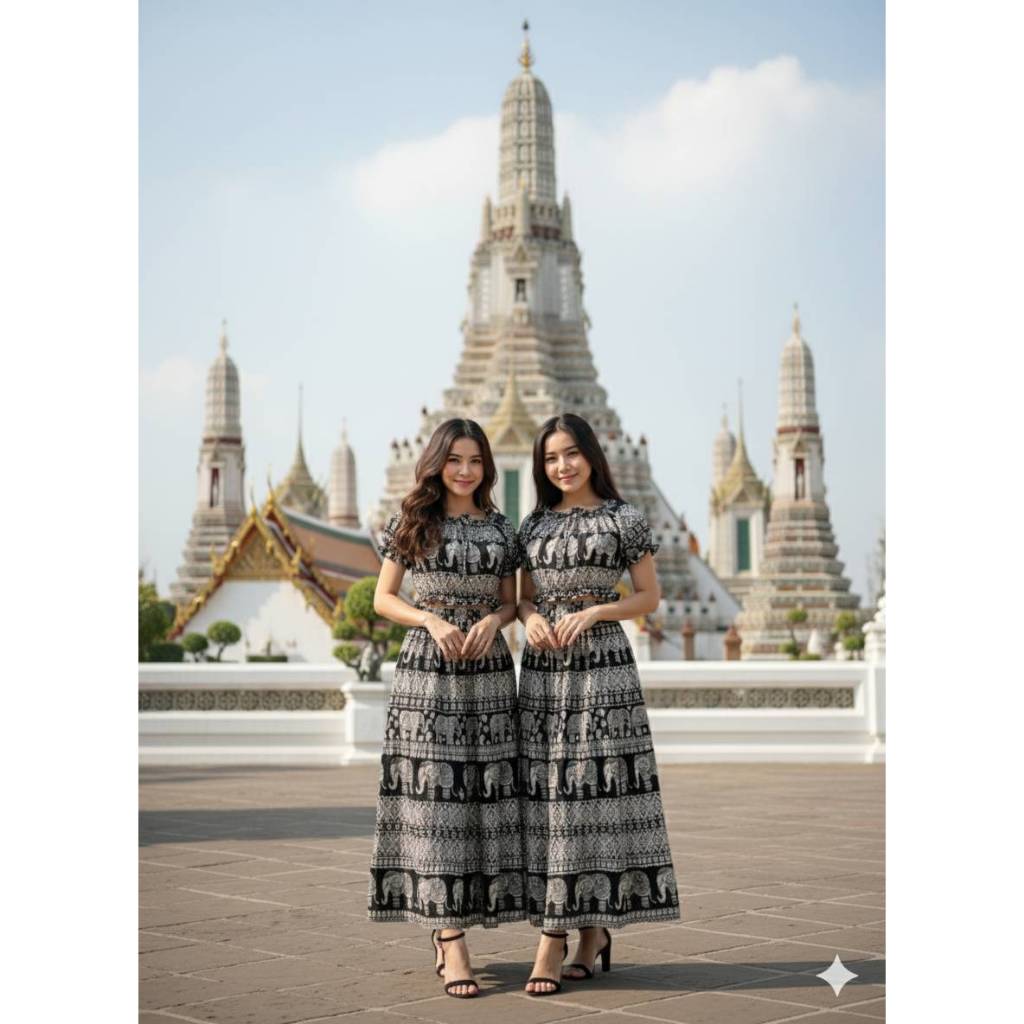 ชุดเสื้อตุ๊กตา+กระโปรงยาว ลายช้าง