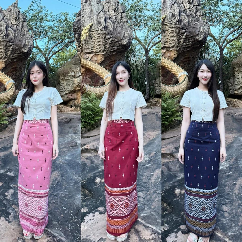TANTANOD-รหัสTL21 ชุดเซต เสื้อกระดุมไข่มุกตัวปลา กระโปรงทรงสอบ ผ่าหลัง(ผ้าฝ้ายพิมพ์ลาย)