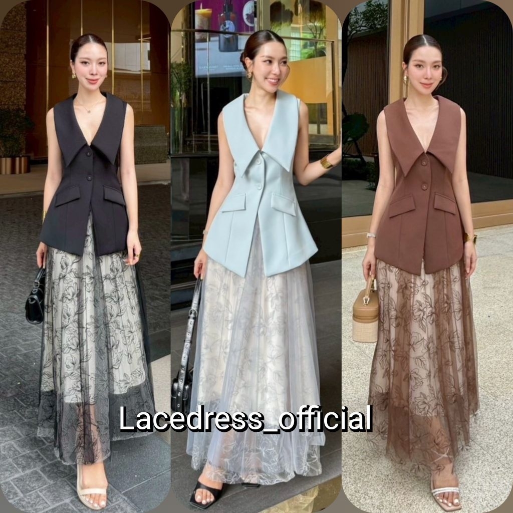 Shimmer ●ชุดเซ็ตเสื้อปกสูทแขนกุด+กระโปรงพิมพ์ลายดอกไม้ผ้ามุ้ง