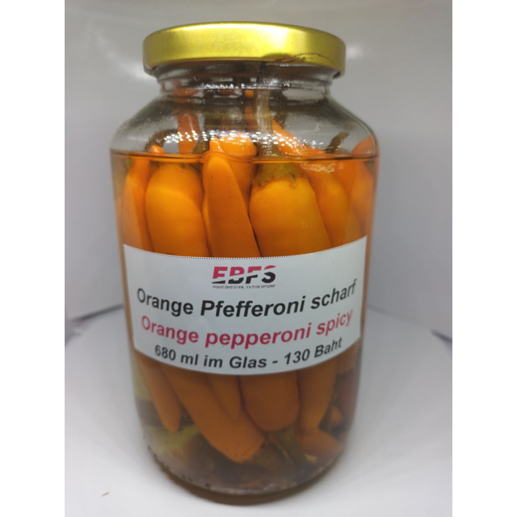 Orange Pepperoni Spicy in 680 ml jar/พร้กสีส้มเผ็ดดองเปรี้ยวในขวดแก้วขนาด 680 มิลิตร