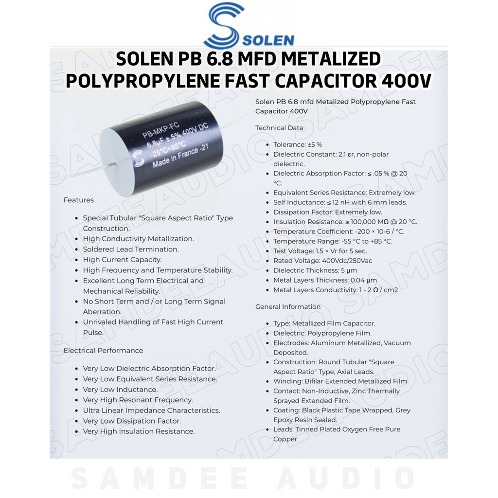 ราคาต่อ1ชิ้น/Solen PB 6.8 mfd Metalized Polypropylene Fast Capacitor 400V