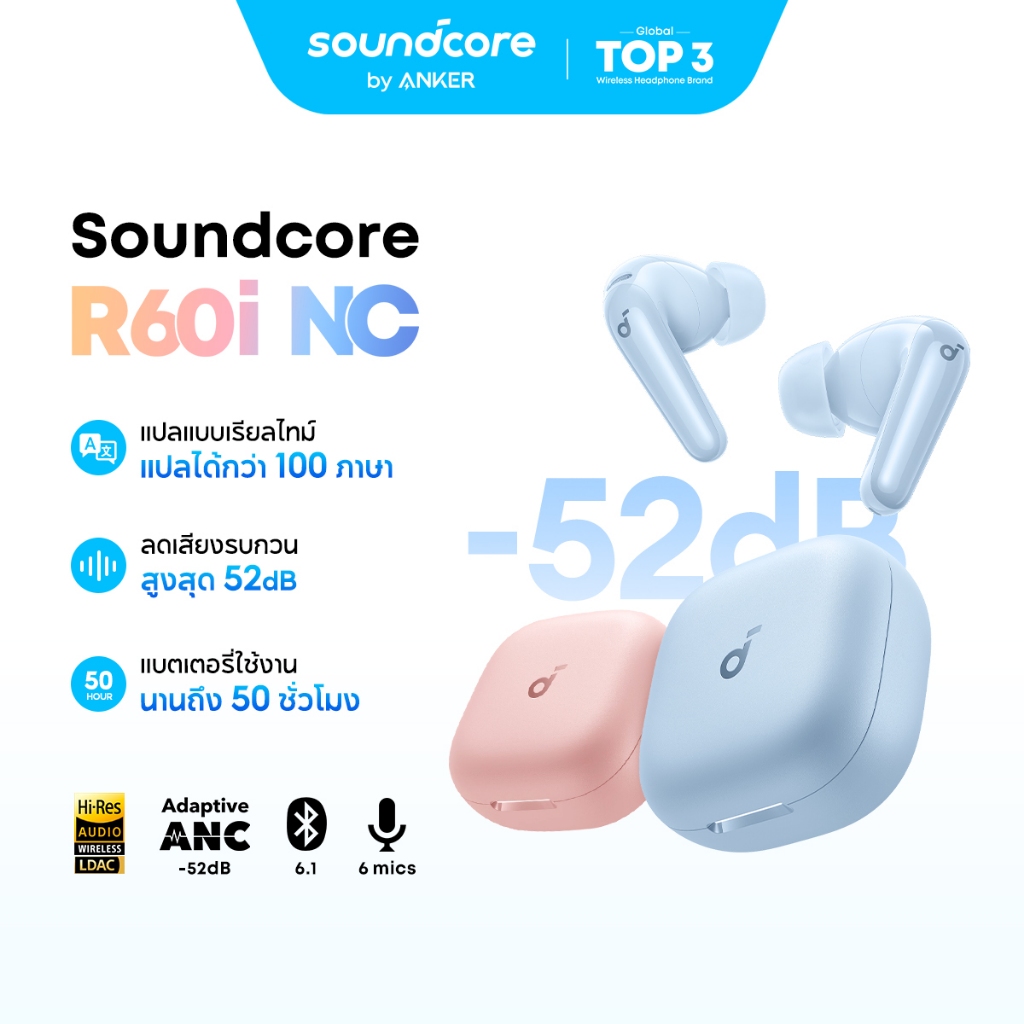 [NEW] Soundcore R60i NC หูฟังบลูทูธ สายหูฟังไร ตัดเสียงรบกวน กันน้ำระดับ IP55 50 ชม ไมค์ 6 ตัว AI แป