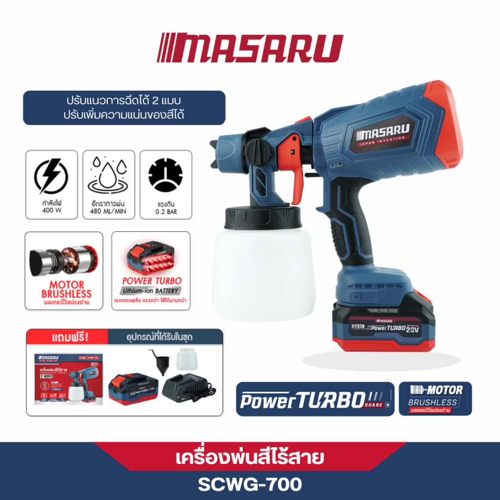 MASARU เครื่องพ่นสีไร้สาย รุ่น SCWG-700 ปรับการฉีดได้ 2 แบบ ประกอบง่าย น้ำหนักเบา จับถนัดมือ